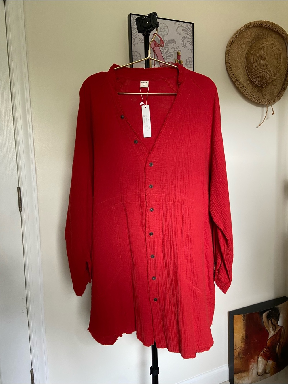 Women's Red Button-Front Longline Blazer Jacket